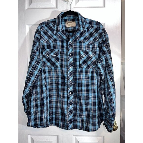 WRANGLER Western Pearl Snap Mens XL Blue Plaid Button Up Long Sleeve Shirt - Picture 2 of 6